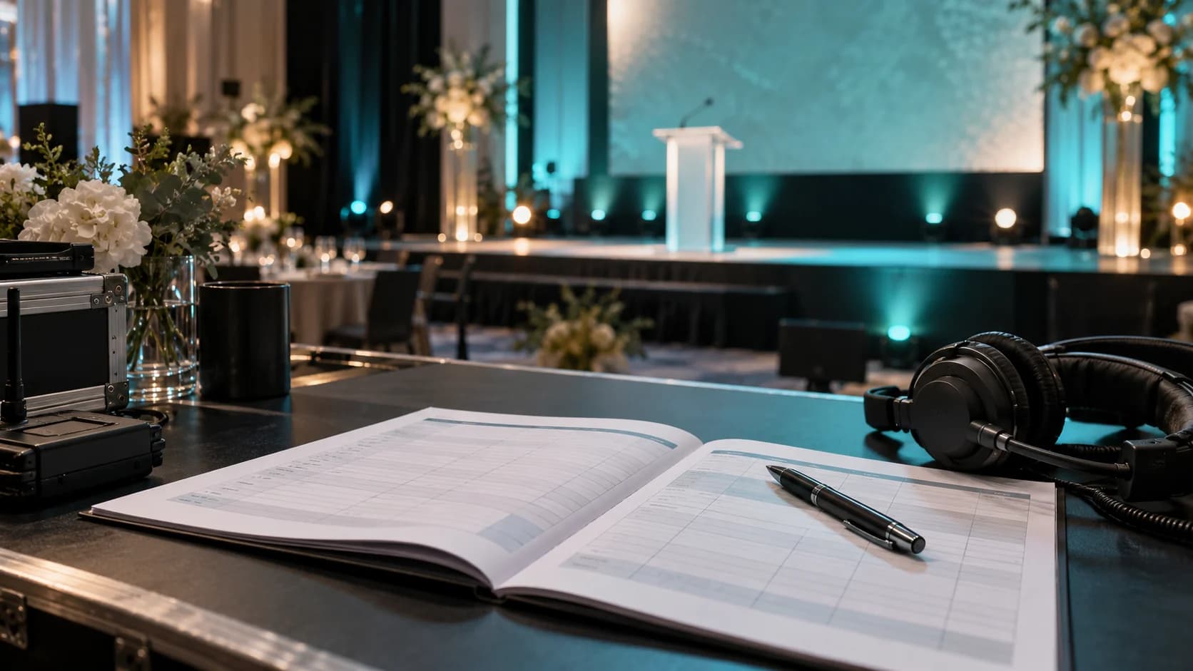 Corporate gala run of show planning with a pen and production headphones, with a turquoise-lit stage in the background